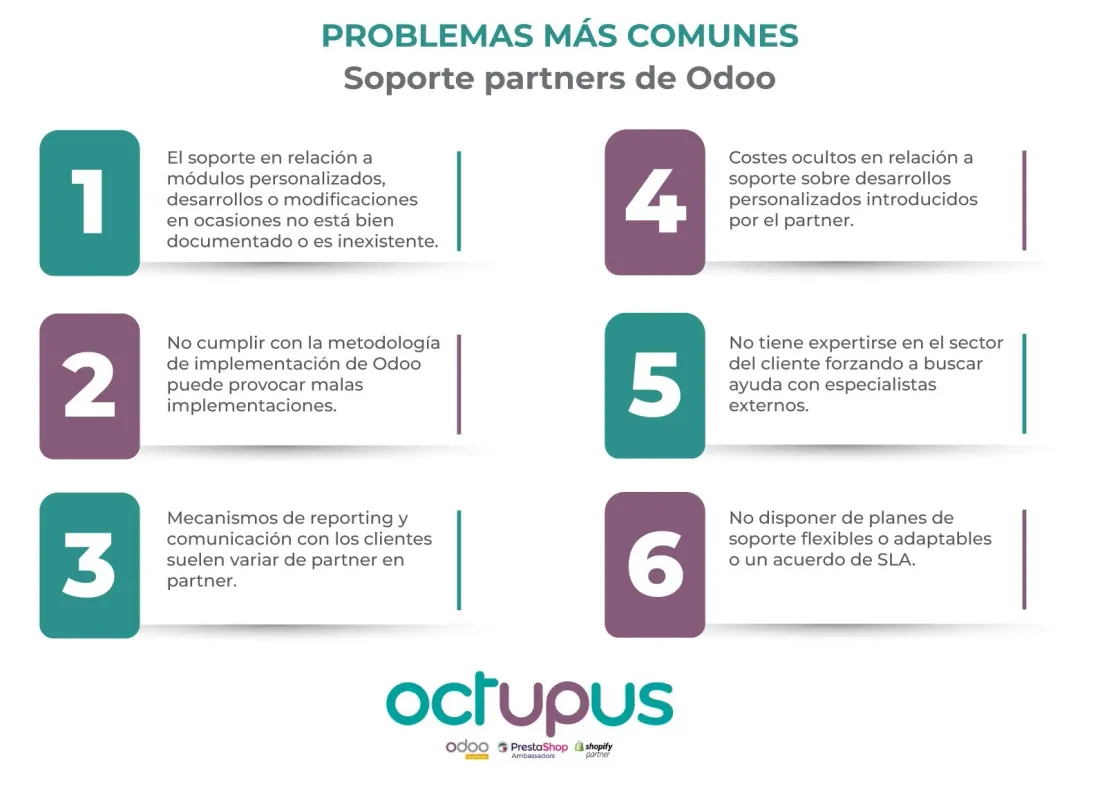 Infografía sobre los Problemas más comunes de los soportes partners de Odoo