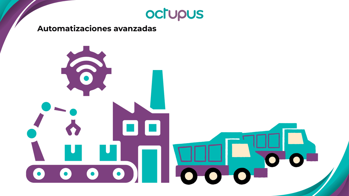 Imagen que muestra una fábrica automatizada de la que salen camiones