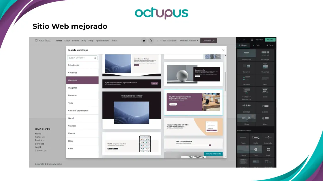 Imagen que muestra un pantallazo de la creación de una página web en Odoo