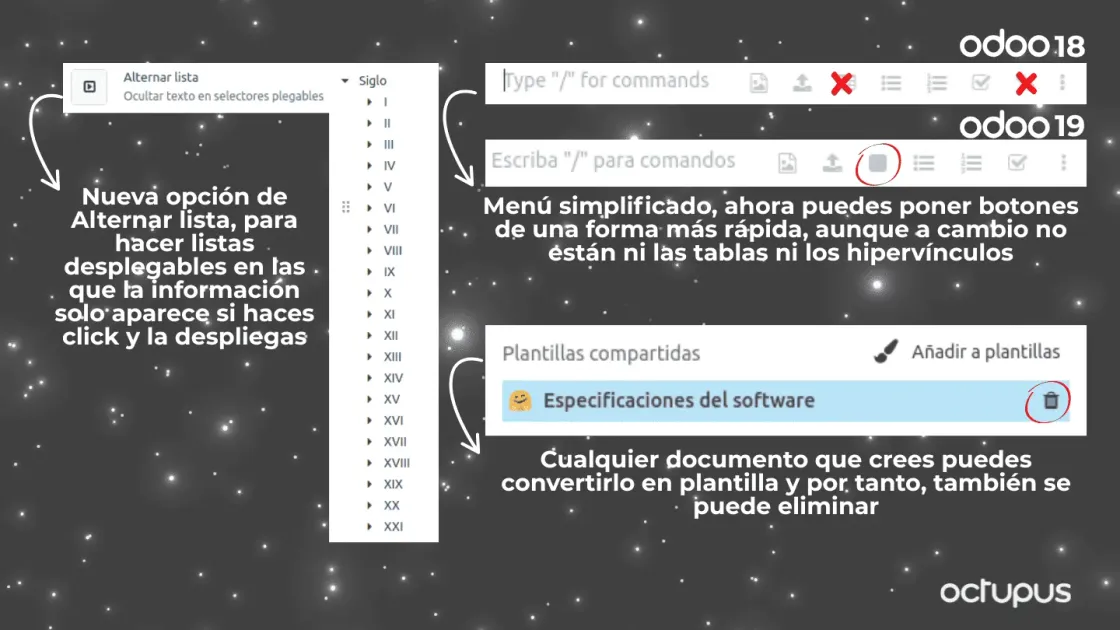 Ejemplo de las novedades que tra el módulo de Conocimiento en Odoo 19