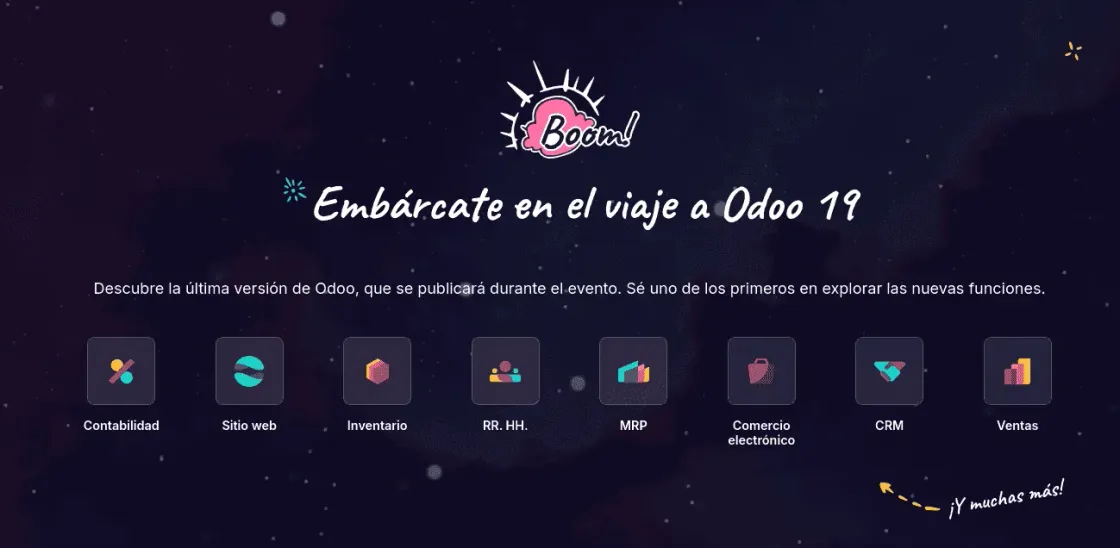 Captura de pantalla de Odoo 19 y su anuncio para la Odoo Experience 2025