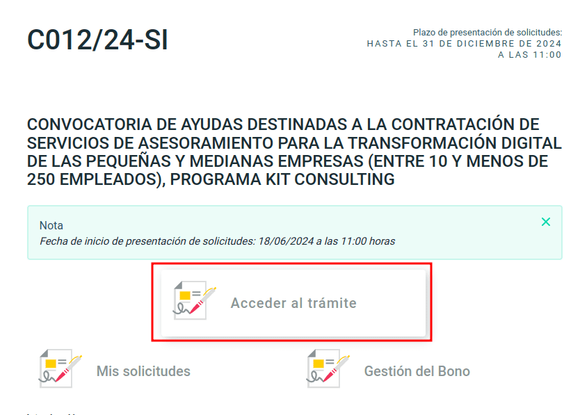 Botón de Acceder al trámite del Kit Consulting presente en la web sede.red.gob.es
