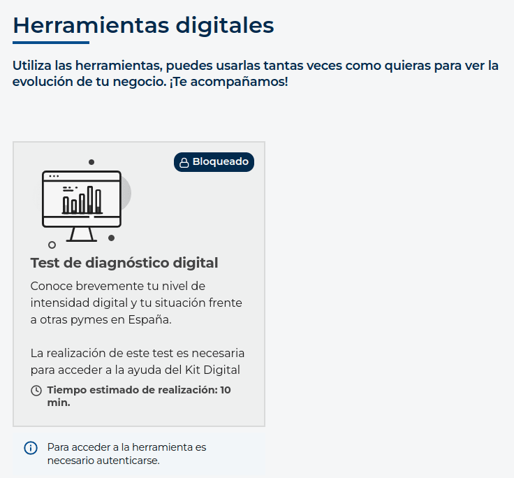 Ejemplo de uno de los tres autodiagnósticos (diagnóstico digital ) que puede realizar la PYME para elegir mejor a dónde destinar el bono de la subvención