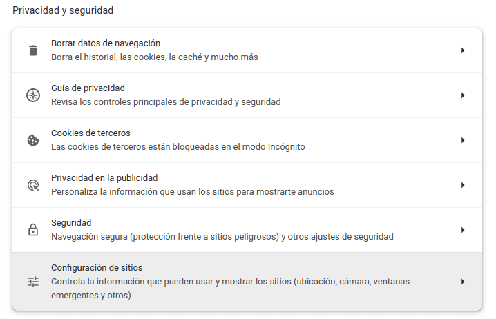 Ajustes de Privacidad y Seguridad dentro den navegador de Google Chrome