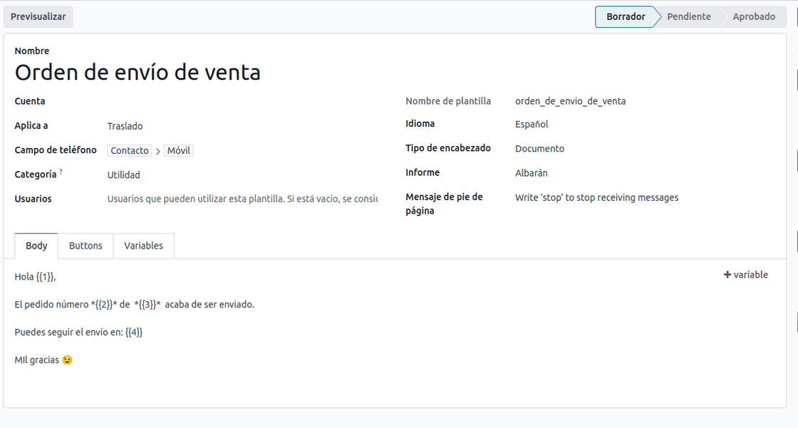 Vista completa de una plantilla de WhatsApp en Odoo