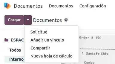 Captura de pantalla del inicio del módulo de Documentos con su menú desplegado