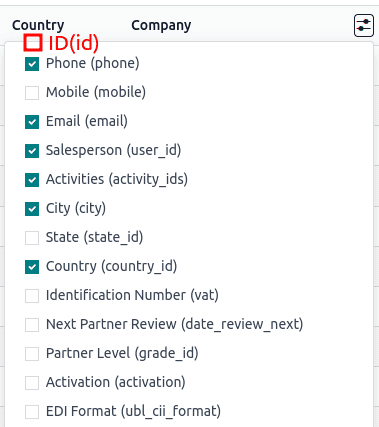 Ejemplo de cómo vamos a tener disponible la opción de seleccionar el campo ID en las listas durante el modo debug