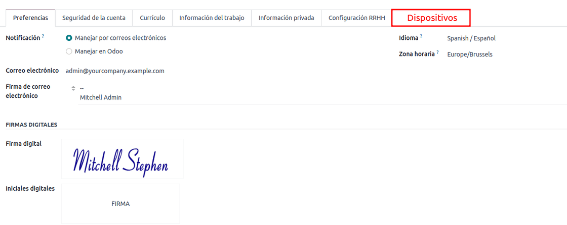 Pestaña dispositivos disponible dentro de Mi perfil de Odoo