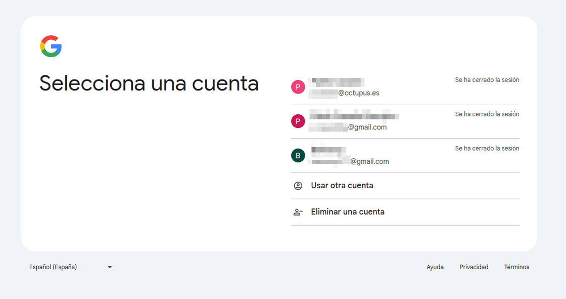 Pantalla de selección de cuentas que han tenido la sesión abierta en Google