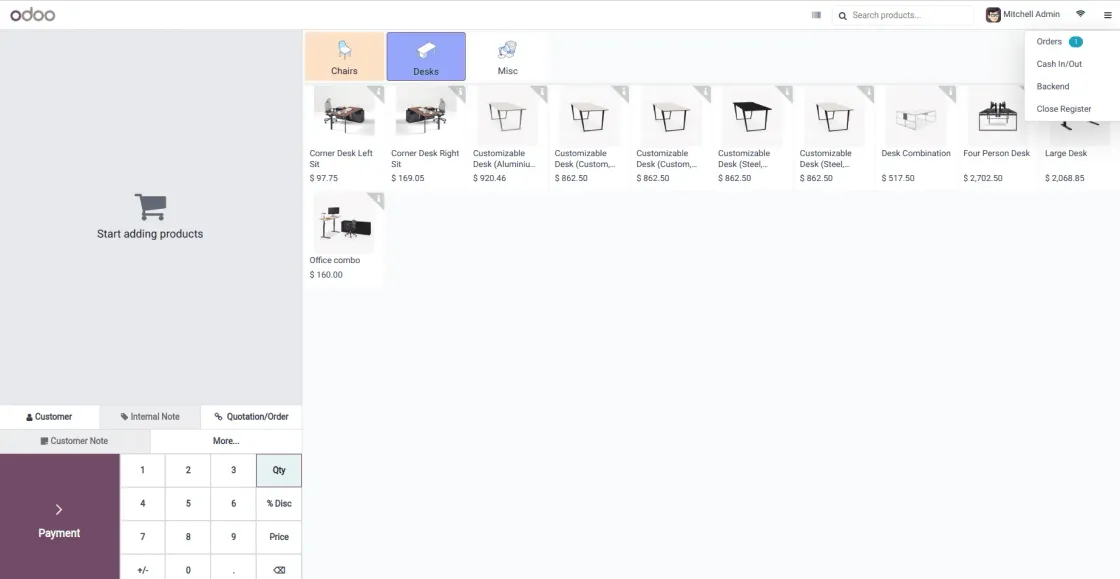 Tienda en el Punto de Venta de Odoo 17 con las opciones disponibles