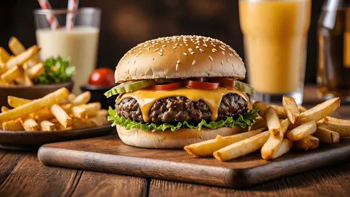 Menú completo con hamburguesa, complemento y bebida