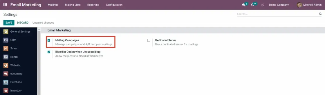 Captura del módulo de Ajustes , dándole a la opción de email marketing y mailing campaigns