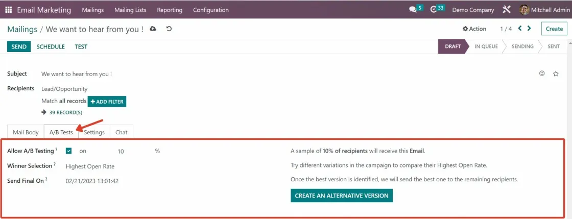 Captura del módulo de Email Marketing, el apartado de Mailing, los enviados