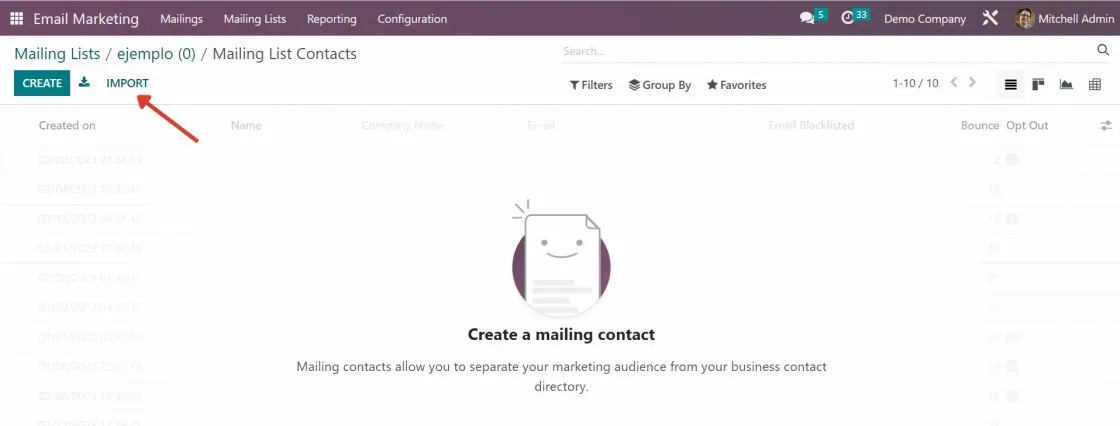 Captura del módulo de Email Marketing con la opción de importar listas de contactos