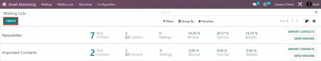 Captura del módulo de Email Marketing el apartado de Lista de mails y su botón de crear