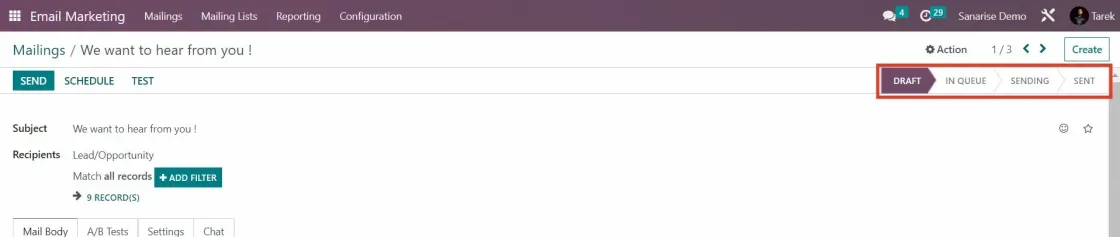 Captura de pantalla del módulo Email Marketing con los estados que tienen los mails