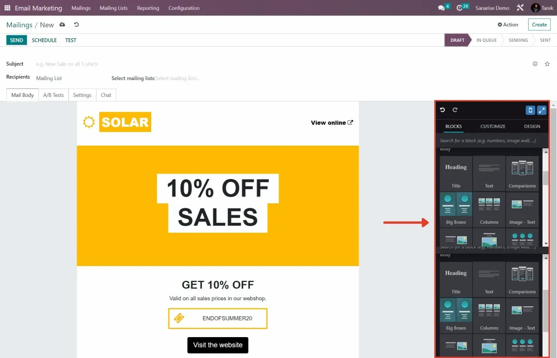 Captura del módulo Email Marketing, Mailings, enviados, selección del sidebar