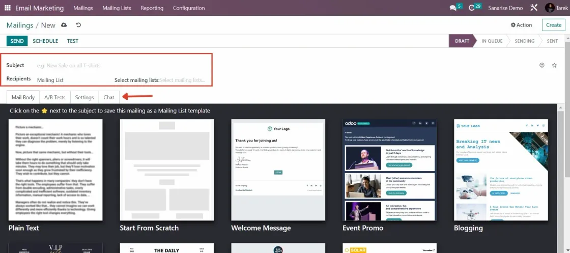Captura del módulo de Email Marketing, apartado de Mailing, Parámetros generales