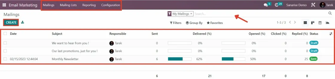 Captura del módulo Email Marketing, de su vista general