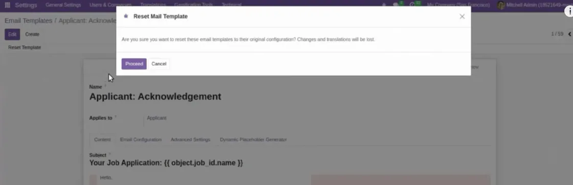 Resetear plantilla de correo en Odoo 16