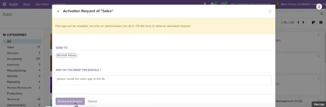 Solicitar acceso a un módulo en Odoo 16