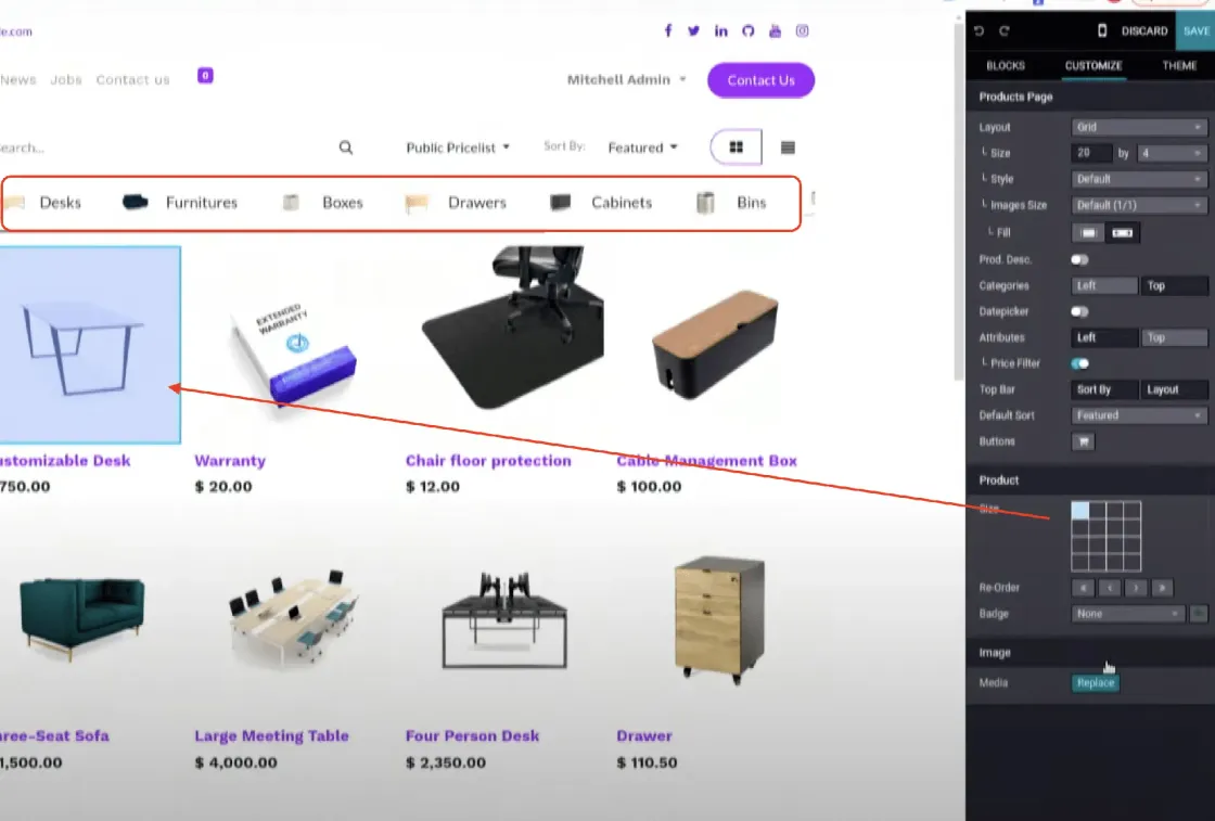 Odoo 16 vista del backend ecommerce builder