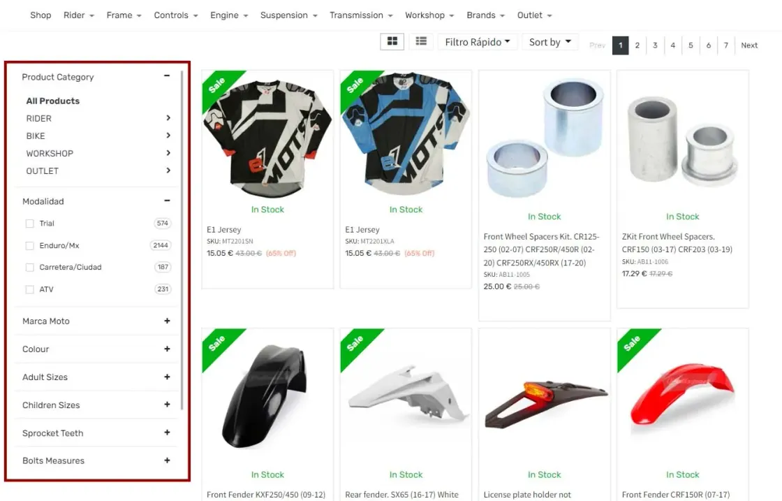 Ejemplo de los filtros laterales de productos que se pueden generar con Odoo y Octupus
