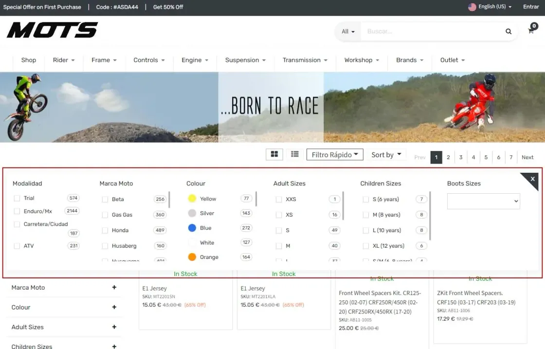 Ejemplo de los filtros de la página web que se pueden hacer con Odoo y Octupus