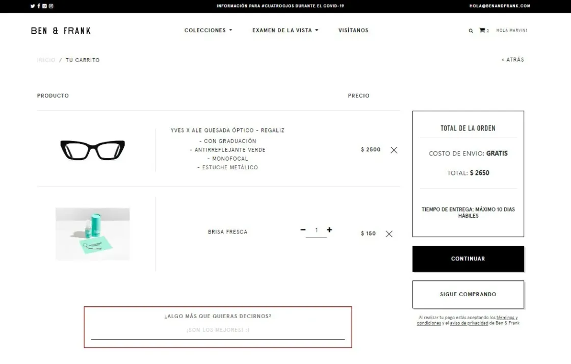Página de Ben & Frank que se ha realizado en Odoo