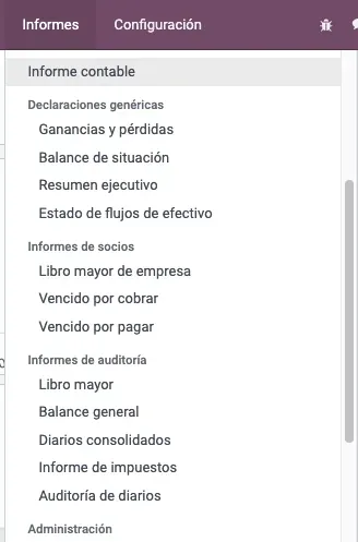 Captura de pantalla sobre los tipos de Informes