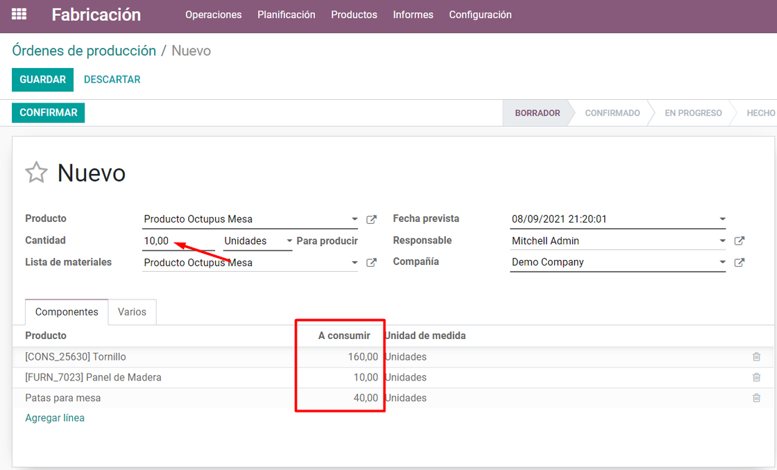 Captura de pantalla del módulo de Fabricación en la que se muestra las órdenes de producción