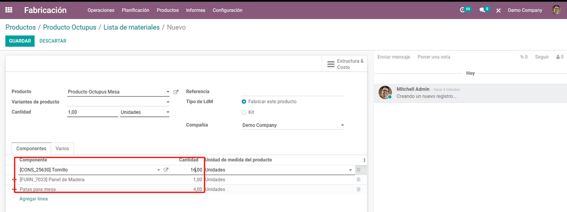 Captura de pantalla del módulo de Fabricación en la que se muestra la creación de un producto a partir de una lista de materiales