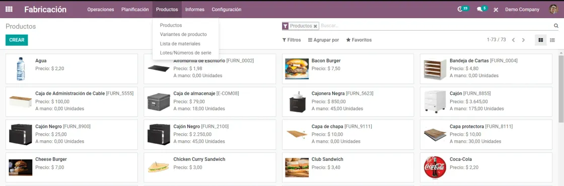 Captura de pantalla del módulo de Fabricación en la que se muestra la vista de productos