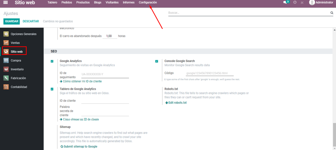 Captura de pantalla de la Configuración del Sitio Web