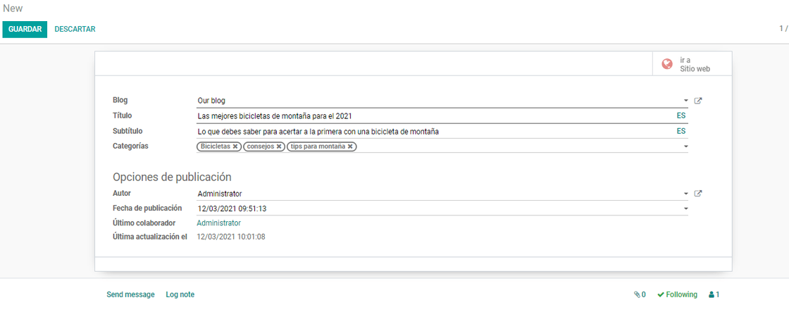 Odoo SEO editando las categorías de una entrada en el blog de Odoo