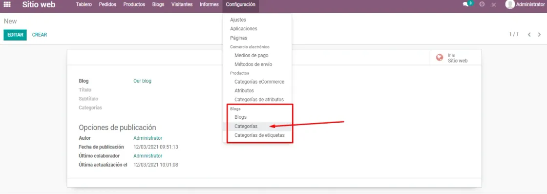 Captura de pantalla de la Configuración del Sitio Web, en concreto de las Categorías de los Blogs