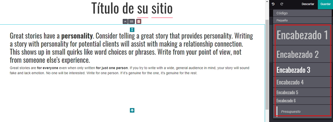 Captura de pantalla del módulo de Sitio Web sobre los tipos de encabezados