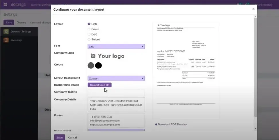 Captura de pantalla sobre la configuración de los reportes de Contabilidad que llega con personalización en Odoo 15