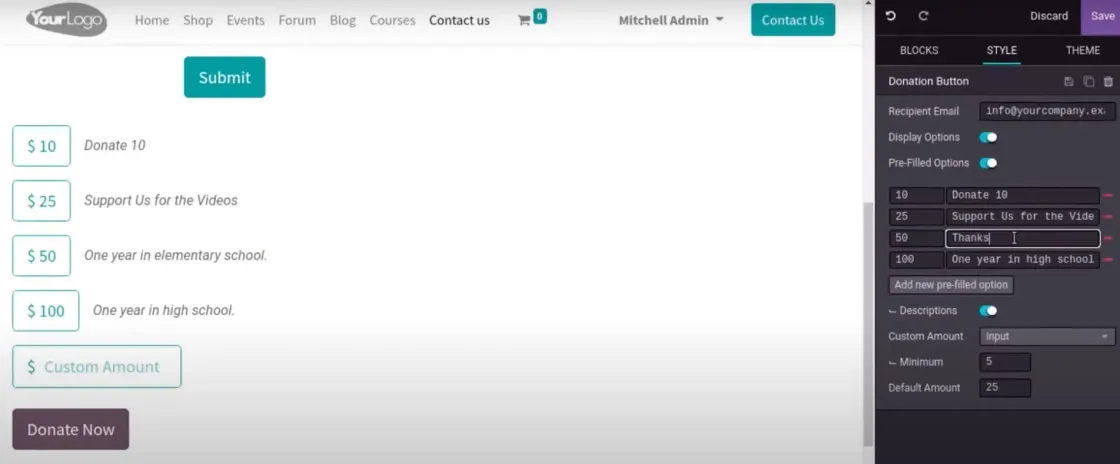 Creación de los botones de donaciones en Odoo 15