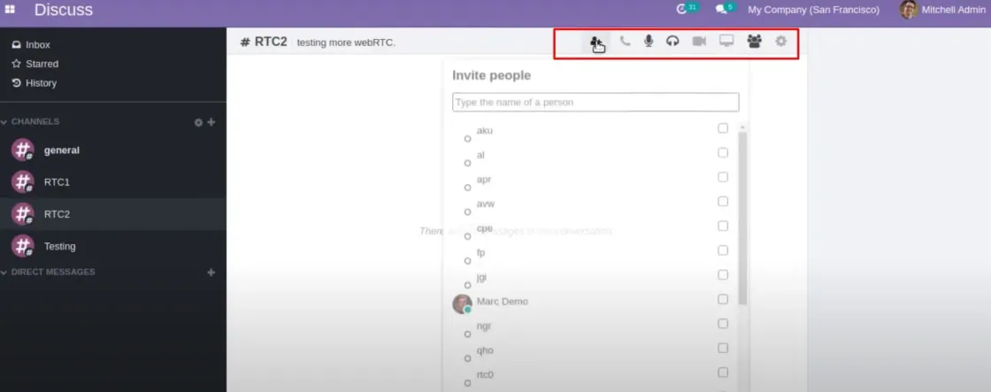 Captura de pantalla de las llamadas de voz y video en Odoo 15