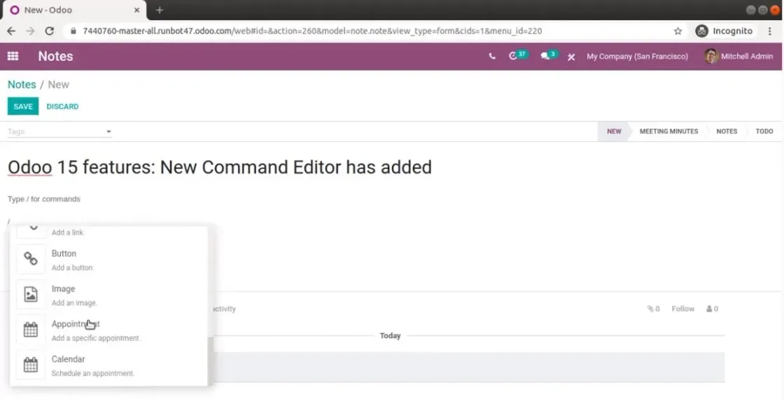 Captura de pantalla del módulo de Notas en Odoo