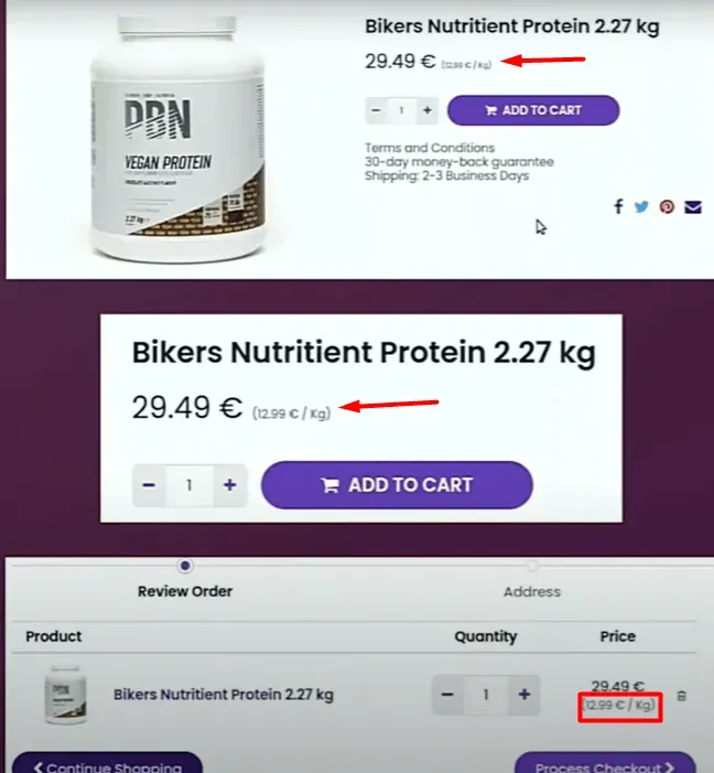 Captura de pantalla que señala que hay que mostrar el precio por la cantidad del producto
