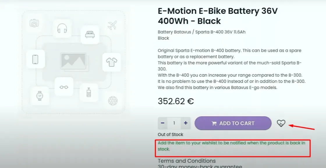 Captura de pantalla que representa un corazón mediante el cuál se te notifica cuando el producto vuelva a estar disponible