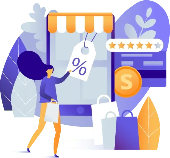 Ilustración que muestra a una persona con muchos elementos del ecommerce o comercio online