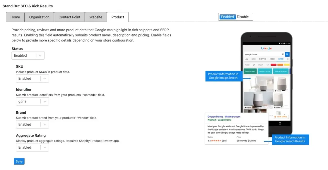 vista de un plugin de shopify con las opciones habituales para datos estructurados para ecommerce . captura de pantalla de Shopify Addons