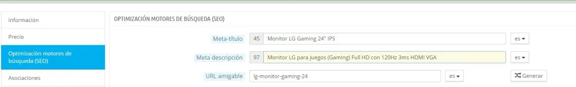 panel de edición SEO en Prestashop editando url metadescripciones y url amigable