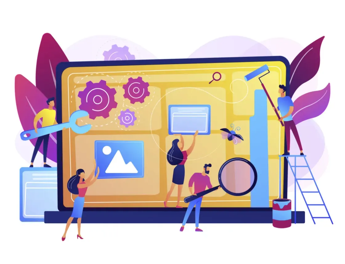 Ilustración de un grupo de personas diseñando una página web gigante