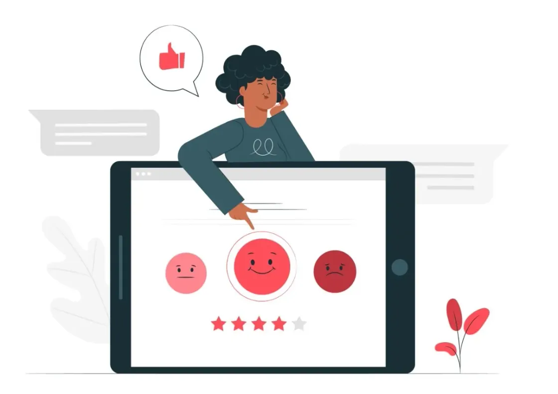 Ilustración de una mujer señalando a un emoji sobre cómo se siente en una tablet