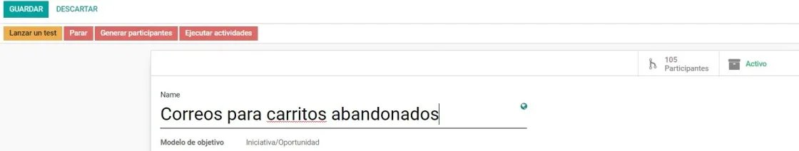 Captura del módulo de Marketing sobre las opciones de campaña