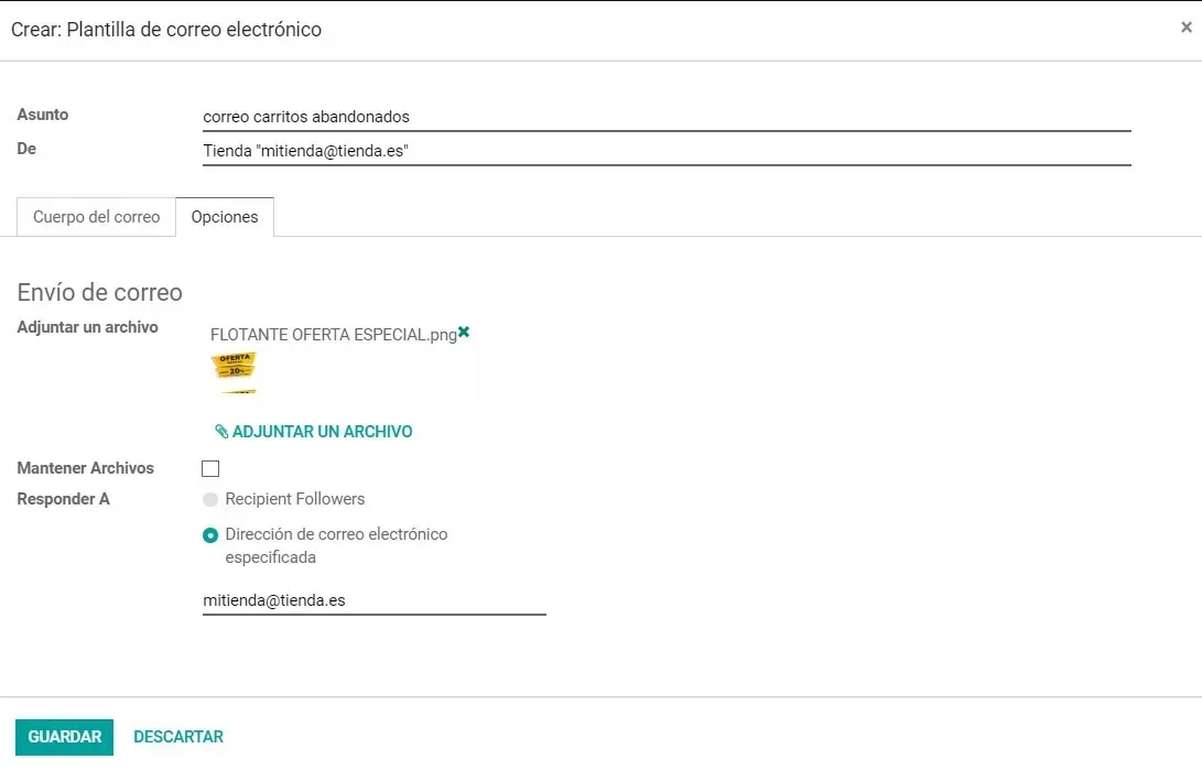 Captura de pantalla del módulo de Automatización de Marketing sobre modificar las opciones de plantilla de mail marketing